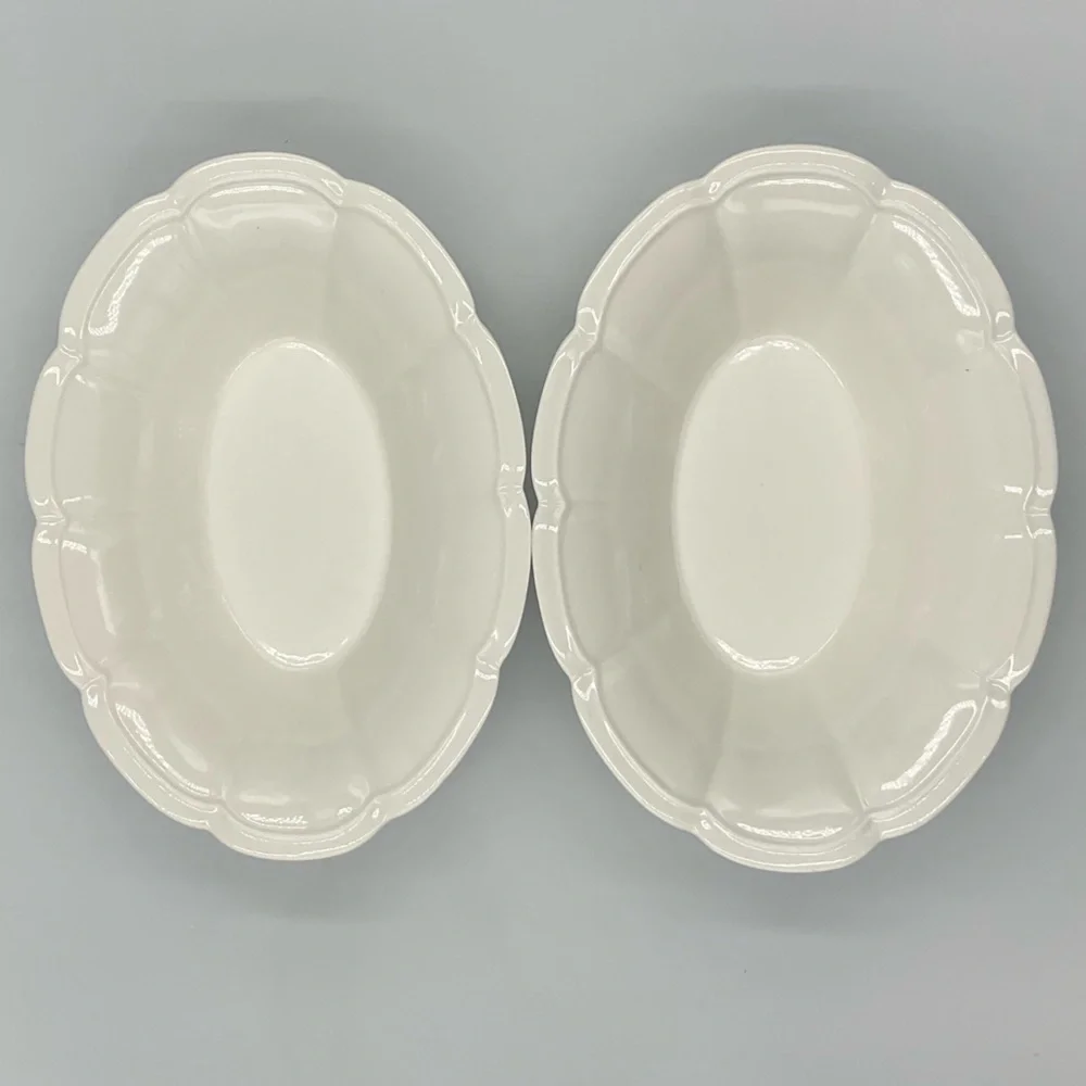 2 Oblong White Scalloped Ceramic Serving Bowls